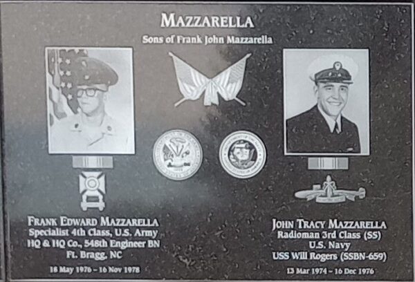 MAZZARELLA SONE OF FRANK JOHN MAZZARELLA WAR MEMORIAL PLAQUE