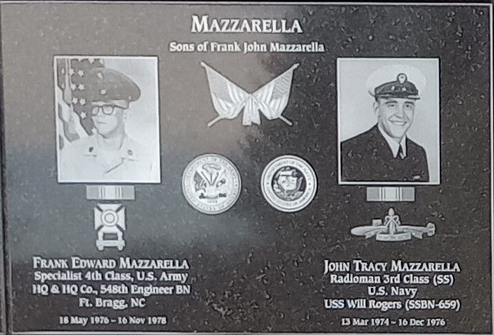 MAZZARELLA SONE OF FRANK JOHN MAZZARELLA WAR MEMORIAL PLAQUE