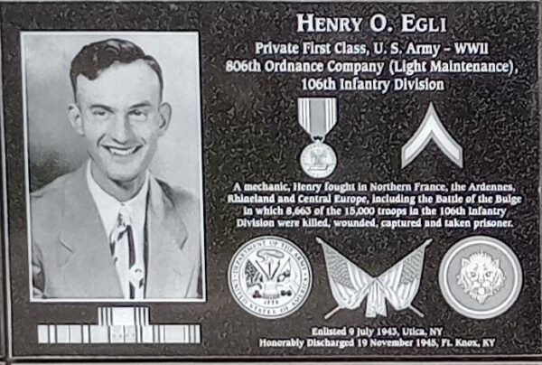 HENRY O. EGLI WAR MEMORIAL PLAQUE