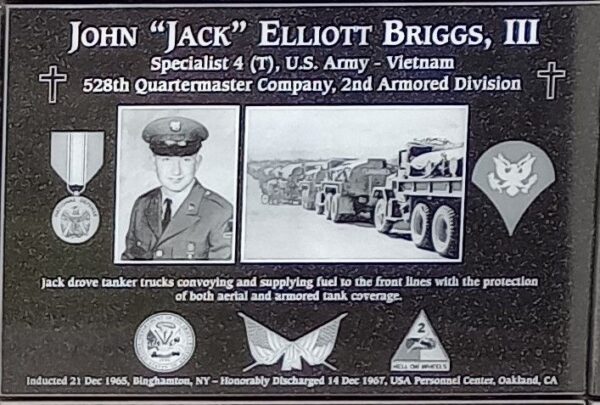 JOHN “JACK” ELLIOTT BRIGGS, III WAR MEMORIAL PLAQUE