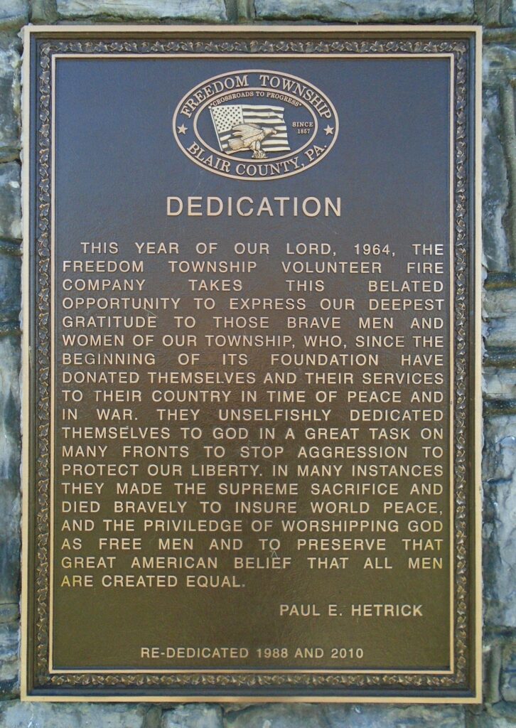 FREEDOM TOWNSHIP VOLUNTEER FIRE COMPANY VETERANS MEMORIAL PLAQUE