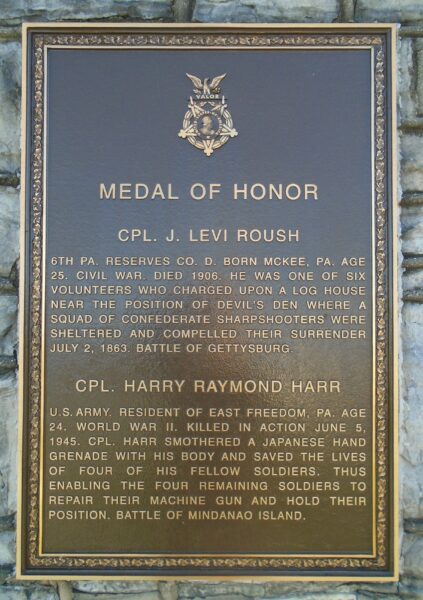 CPL. J. LEVI ROUSH MEDAL OF HONOR WAR MEMORIAL PLAQUE