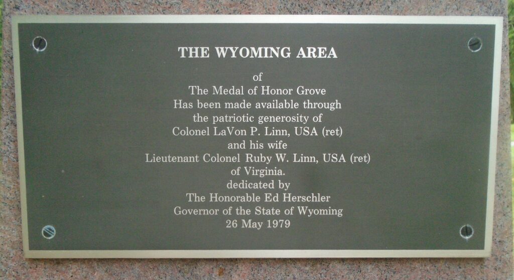 WYOMING MEDAL OF HONOR WAR MEMORIAL GROVE PLAQUE