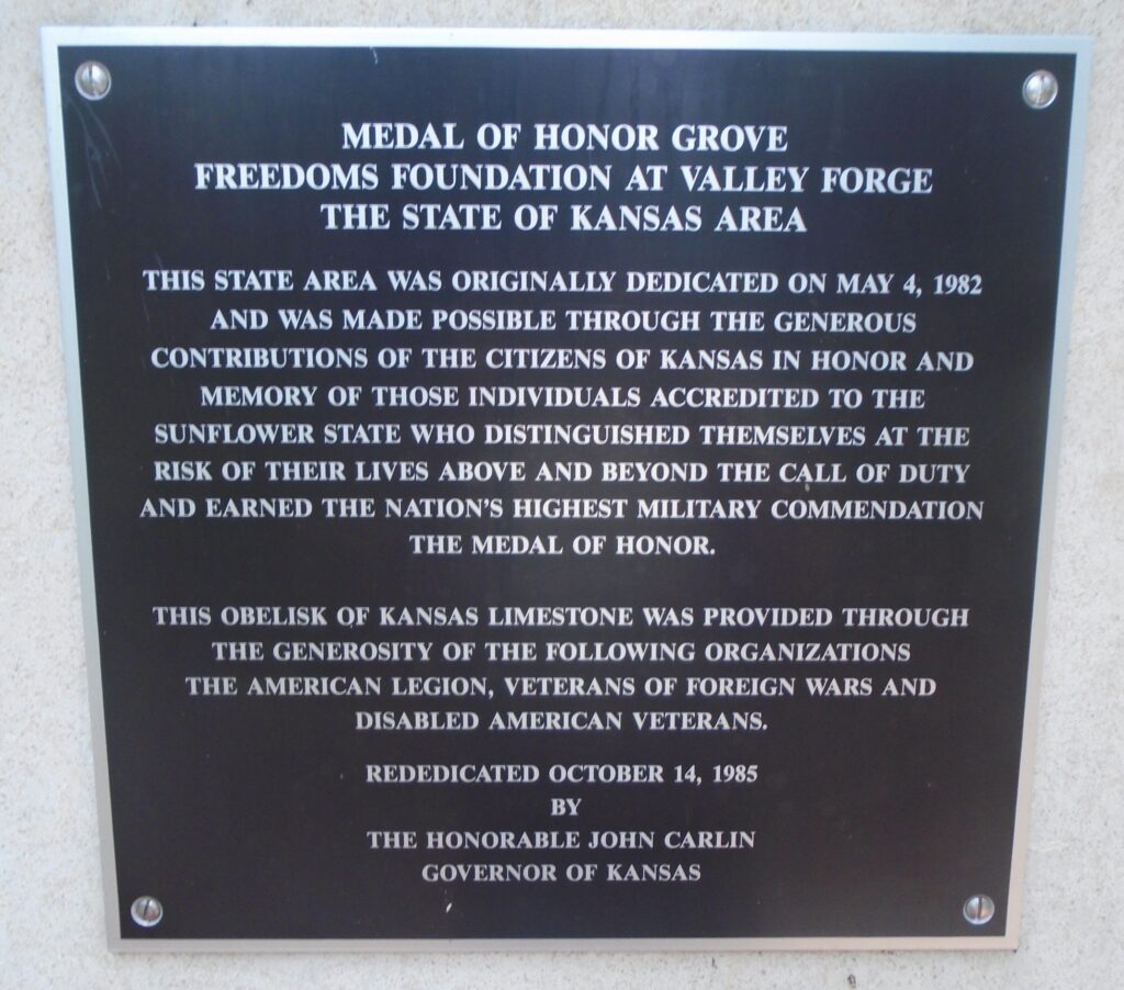 KANSAS MEDAL OF HONOR WAR MEMORIAL GROVE PLAQUE