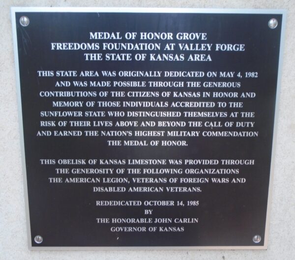 KANSAS MEDAL OF HONOR WAR MEMORIAL GROVE PLAQUE