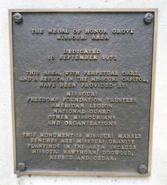 MISSOURI MEDAL OF HONOR WAR MEMORIAL GROVE PLAQUE