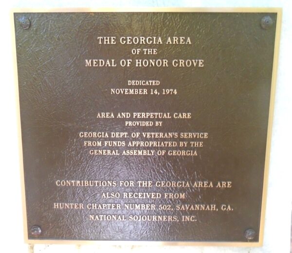 GEORGIA MEDAL OF HONOR WAR MEMORIAL GROVE PLAQUE