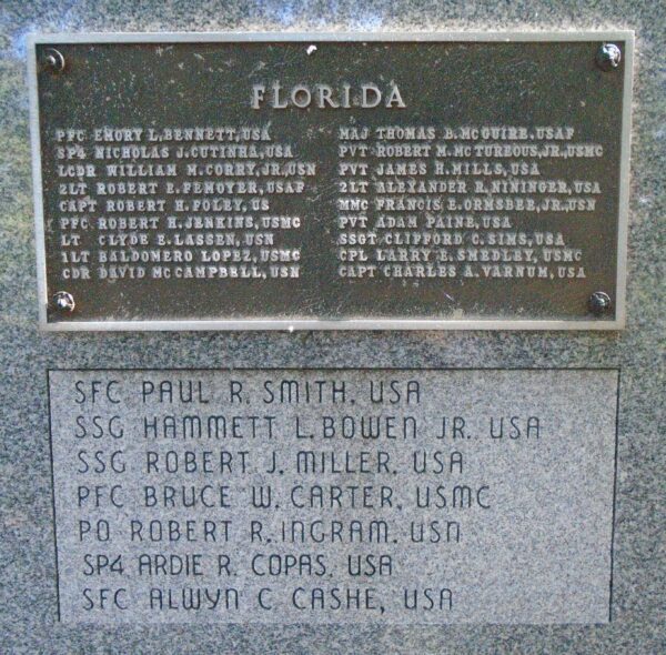 FLORIDA MEDAL OF HONOR RECIPIENTS WAR MEMORIAL PLAQUE