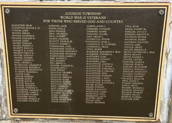 ADDISON TOWNSHIP WORLD WAR II VETERANS MEMORIAL PLAQUE