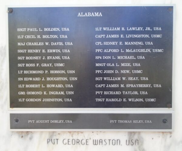 ALABAMA MEDAL OF HONOR RECIPIENTS WAR MEMORIAL PLAQUE