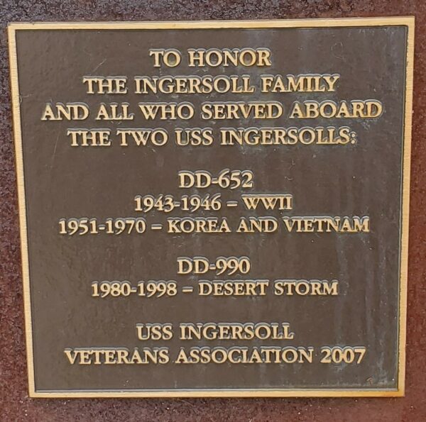 USS INGERSOLLS WAR MEMORIAL PLAQUE