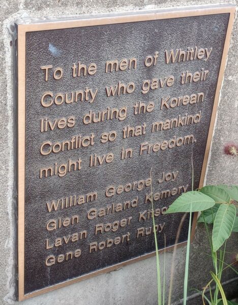 WHITLEY COUNTY KOREAN WAR MEMORIAL PLAQUE