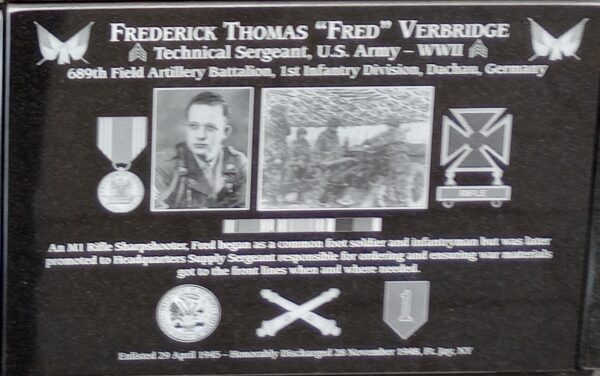 FREDERICK THOMAS “FRED” VERBRIDGE WAR MEMORIAL PLAQUE