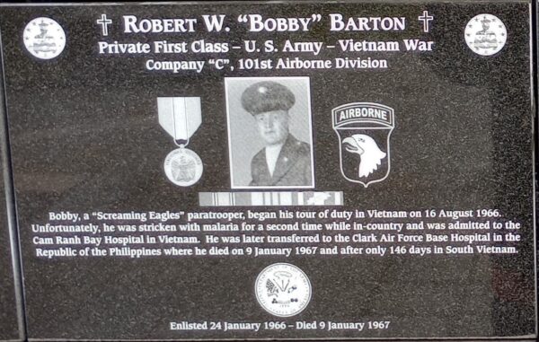 ROBERT W. BOBBY BARTON WAR MEMORIAL PLAQUE