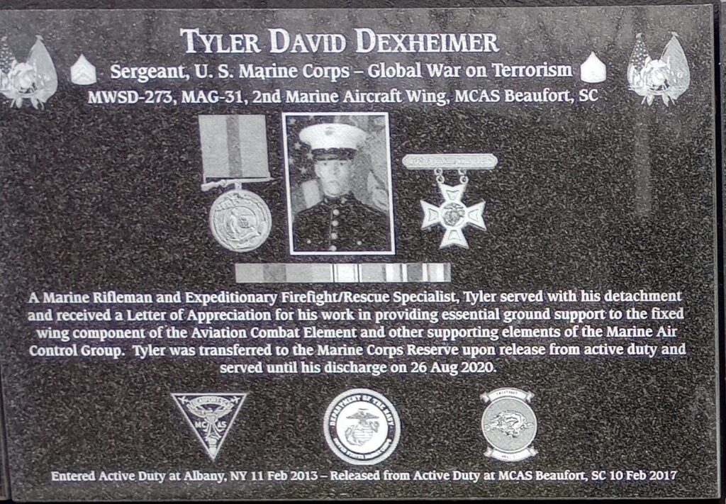 TYLER DAVID DEXHEIMER WAR MEMORIAL PLAQUE