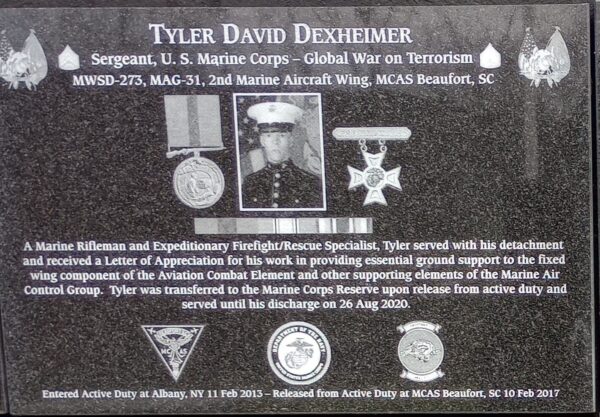 TYLER DAVID DEXHEIMER WAR MEMORIAL PLAQUE