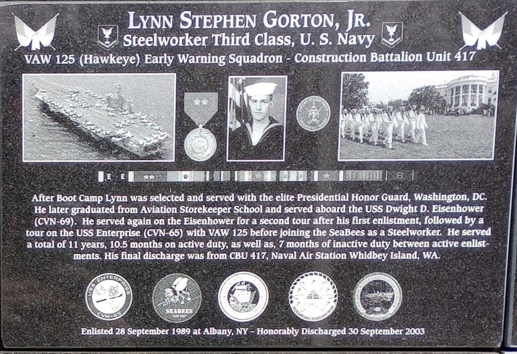 LYNN STEPHEN GORTON, JR. WAR MEMORIAL PLAQUE