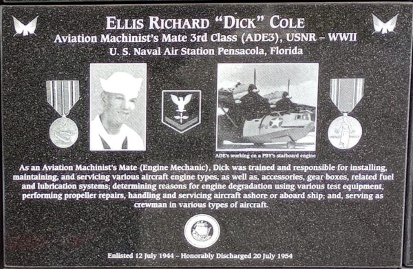 ELLIS RICHARD “DICK” COLE WAR MEMORIAL PLAQUE