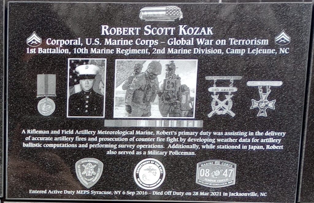 ROBERT SCOTT KOZAK WAR MEMORIAL PLAQUE