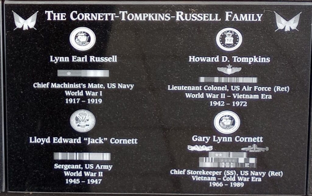 THE CORNETT-TOMPKINS-RUSSELL FAMILY WAR MEMORIAL PLAQUE