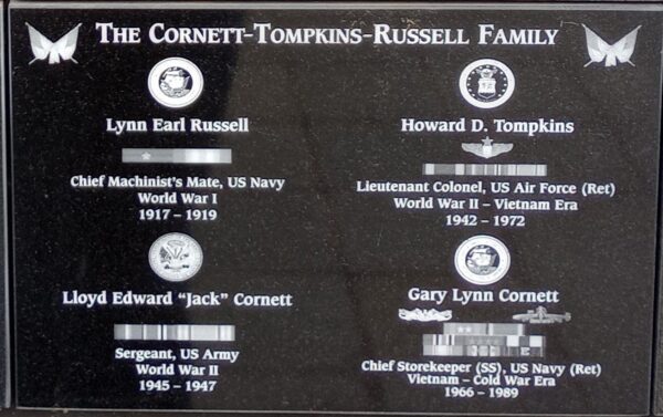 THE CORNETT-TOMPKINS-RUSSELL FAMILY WAR MEMORIAL PLAQUE
