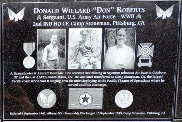 DONALD WILLARD “DON” ROBERTS WAR MEMORIAL PLAQUE