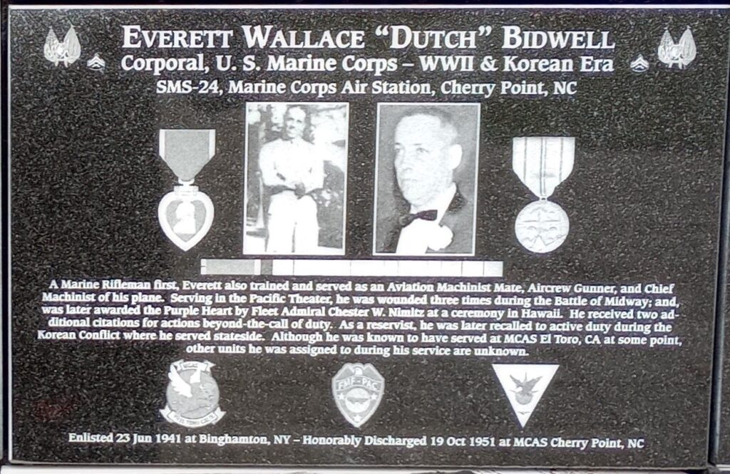 EVERETT WALLACE “DUTCH” BIDWELL WAR MEMORIAL PLAQUE