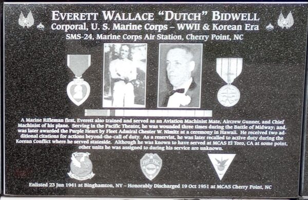 EVERETT WALLACE “DUTCH” BIDWELL WAR MEMORIAL PLAQUE
