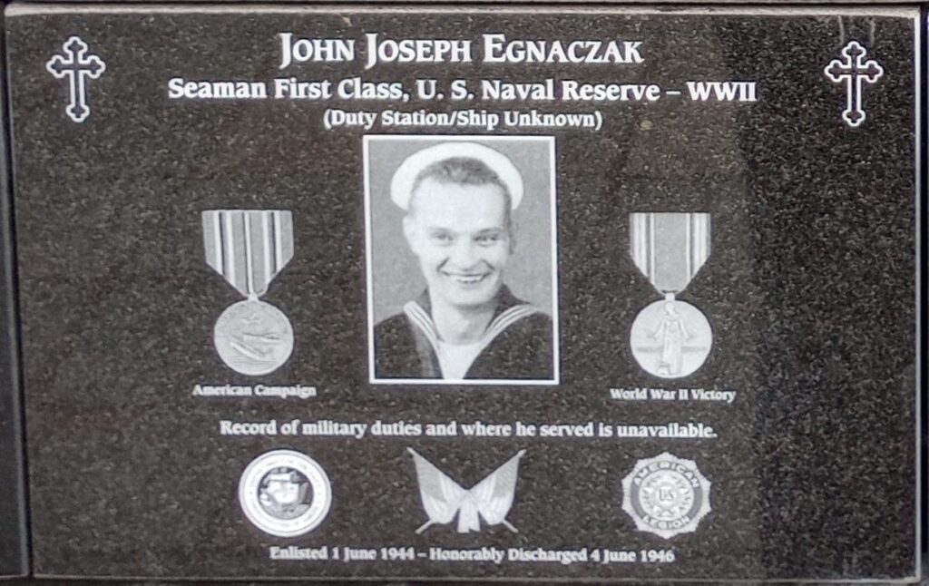 JOHN JOSEPH EGNACZAK WAR MEMORIAL PLAQUE