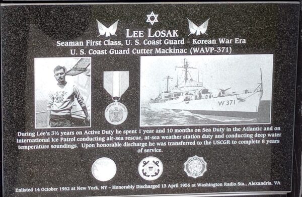 LEE LOSAK WAR MEMORIAL PLAQUE