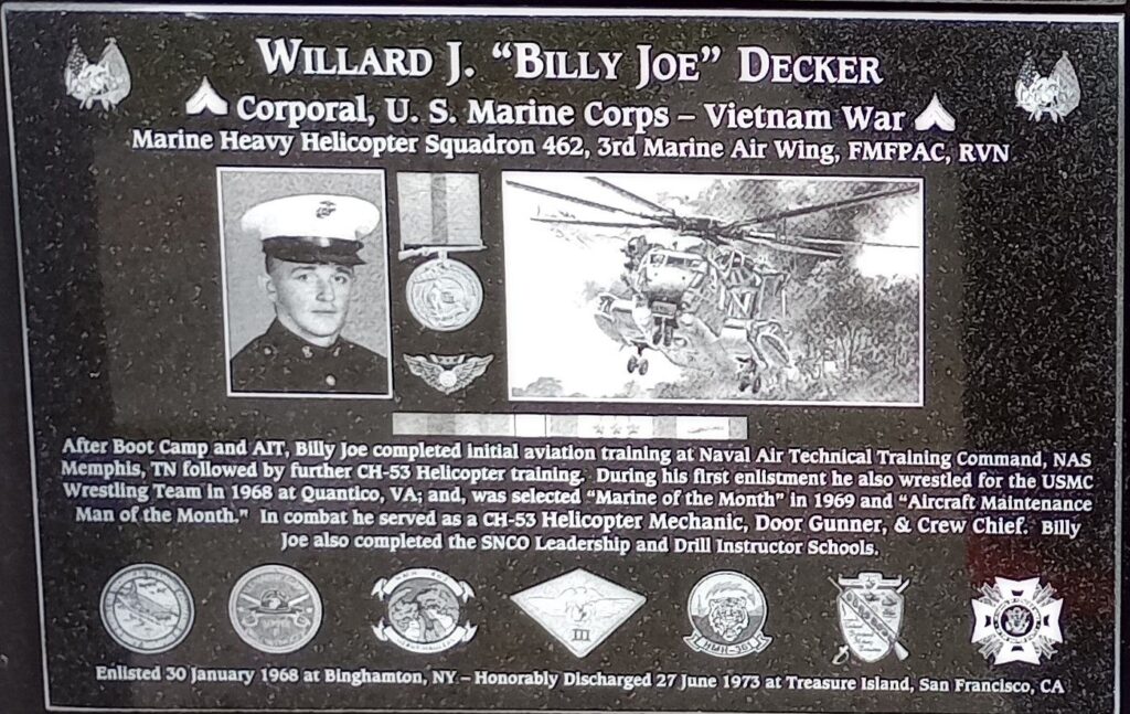 WILLARD J. “BILLY JOE” DECKER WAR MEMORIAL PLAQUE