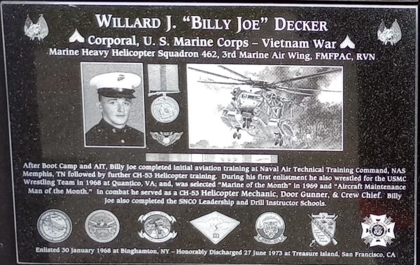 WILLARD J. “BILLY JOE” DECKER WAR MEMORIAL PLAQUE