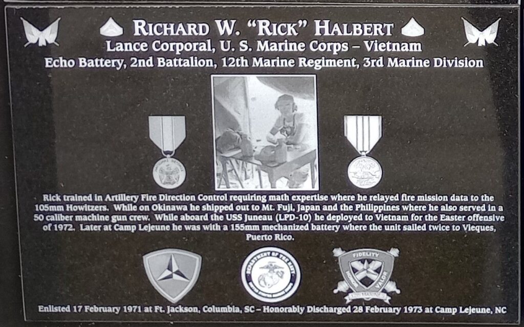 RICHARD W. “RICK” HALBERT WAR MEMORIAL PLAQUE