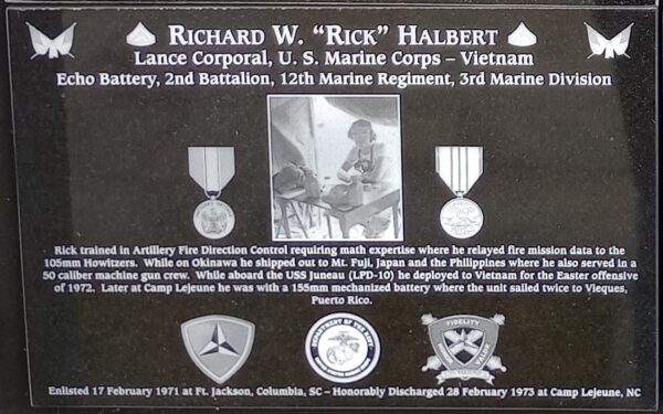 RICHARD W. “RICK” HALBERT WAR MEMORIAL PLAQUE