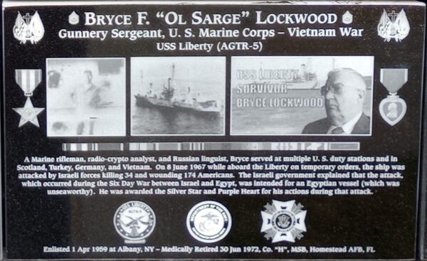 BRYCE F. “OLD SARGE” LOCKWOOD WAR MEMORIAL PLAQUE