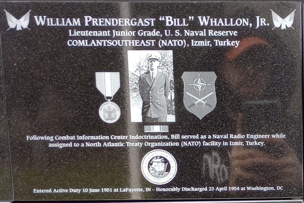 WILLIAM PRENDERGAST “BILL” WHALLON, JR. WAR MEMORIAL PLAQUE