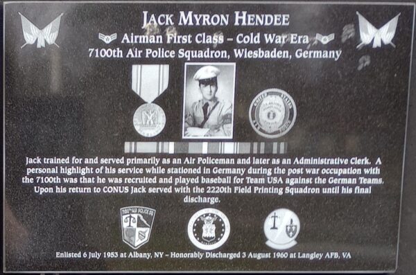 JACK MYRON HENDEE WAR MEMORIAL PLAQUE
