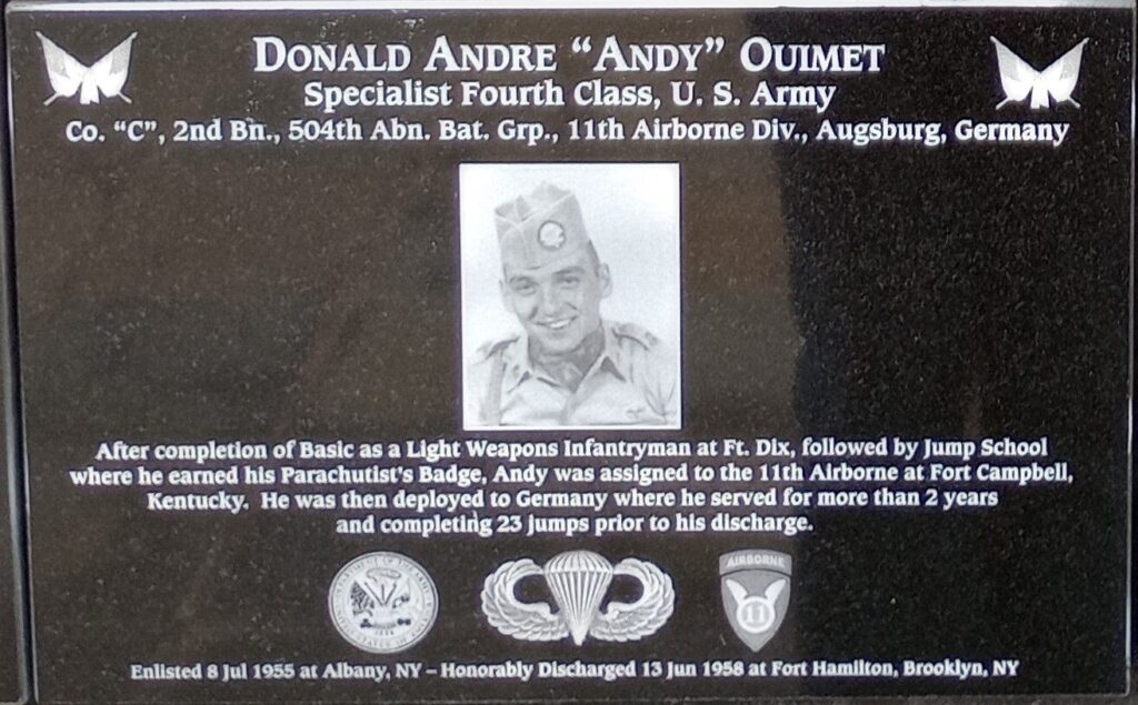 DONALD ANDRE “ANDY” OUIMET WAR MEMORIAL PLAQUE