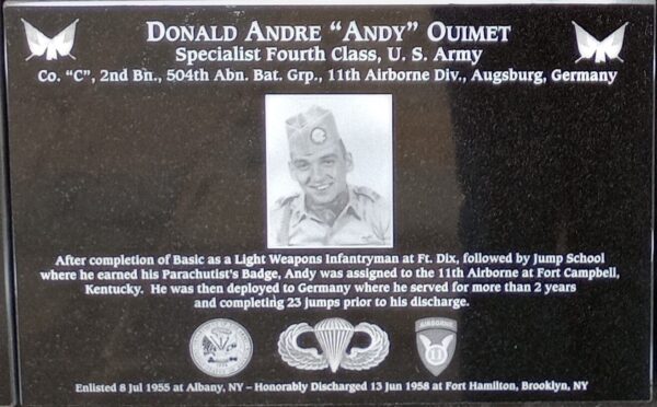 DONALD ANDRE “ANDY” OUIMET WAR MEMORIAL PLAQUE