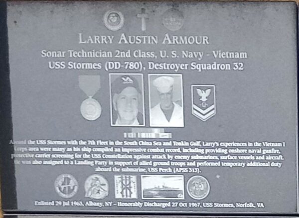 LARRY AUSTIN ARMOUR WAR MEMORIAL PLAQUE