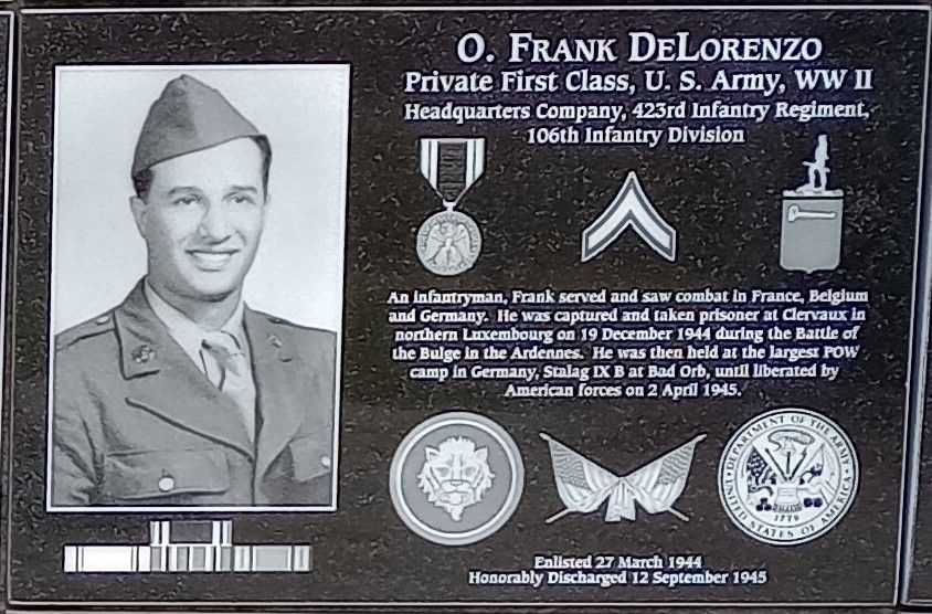 O. FRANK DELORENZO WAR MEMORIAL PLAQUE