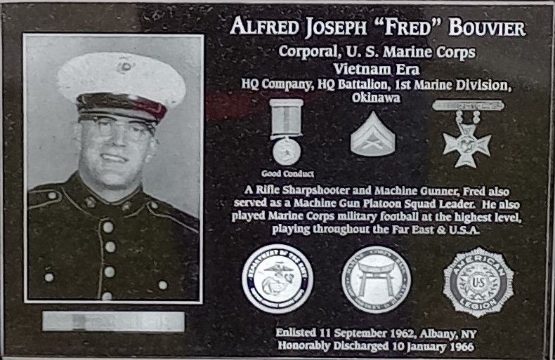 ALFRED JOSEPH “FRED” BOUVIER WAR MEMORIAL PLAQUE