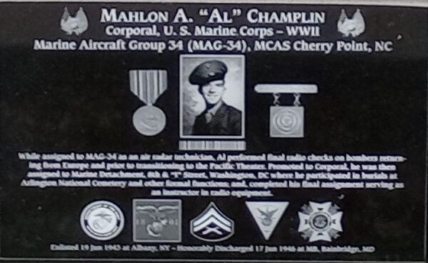 MAHLON A. “AL” CHAMPLIN WAR MEMORIAL PLAQUE