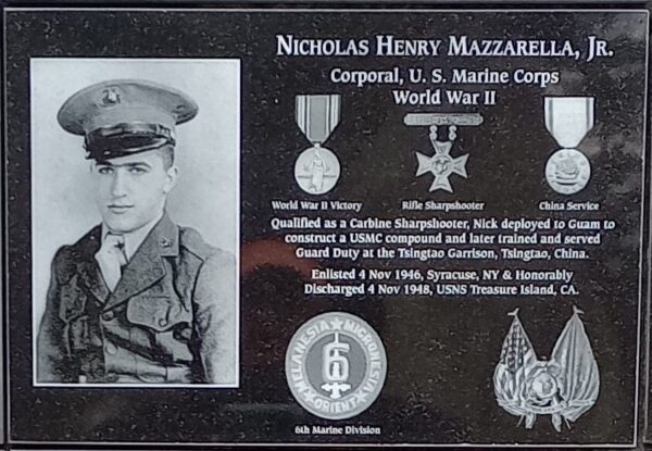 NICHOLAS HENRY MAZZARELLA, JR. WAR MEMORIAL PLAQUE