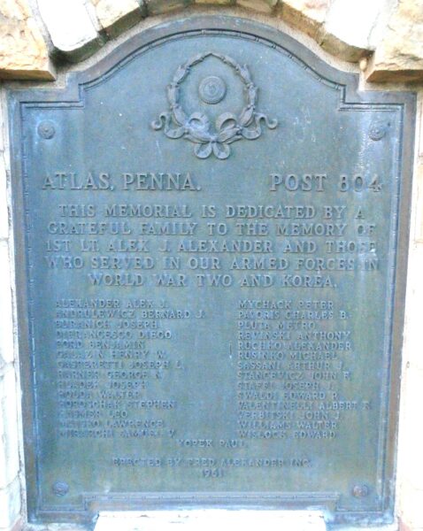 ATLAS, PENNA. POST 804 WORLD WAR II AND KOREAN WAR MEMORIAL PLAQUE
