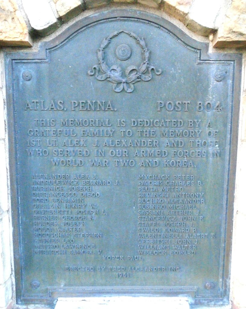 ATLAS, PENNA. POST 804 WORLD WAR II AND KOREAN WAR MEMORIAL PLAQUE