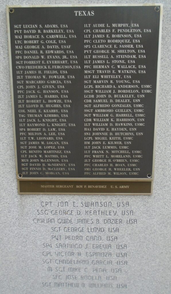 TEXAS MEDAL OF HONOR RECIPIENTS WAR MEMORIAL PLAQUE