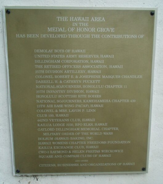 HAWAII MEDAL OF HONOR WAR MEMORIAL GROVE PLAQUE