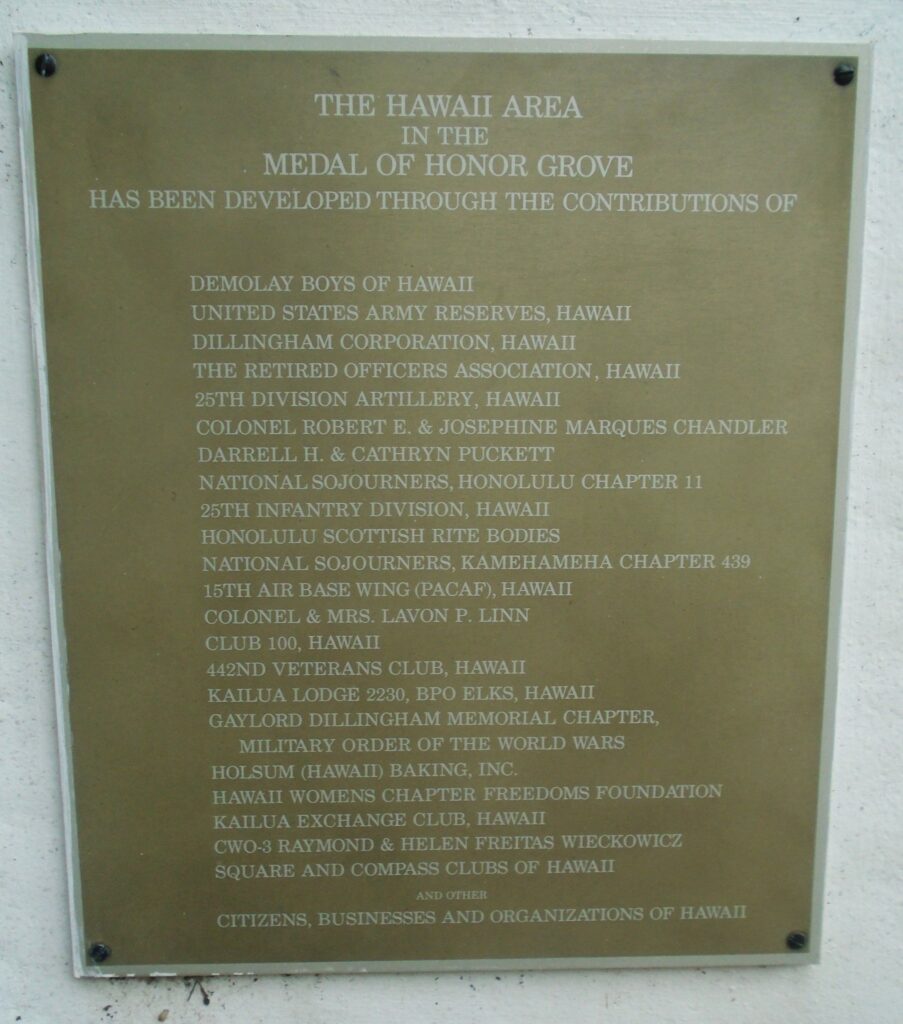 HAWAII MEDAL OF HONOR WAR MEMORIAL GROVE PLAQUE