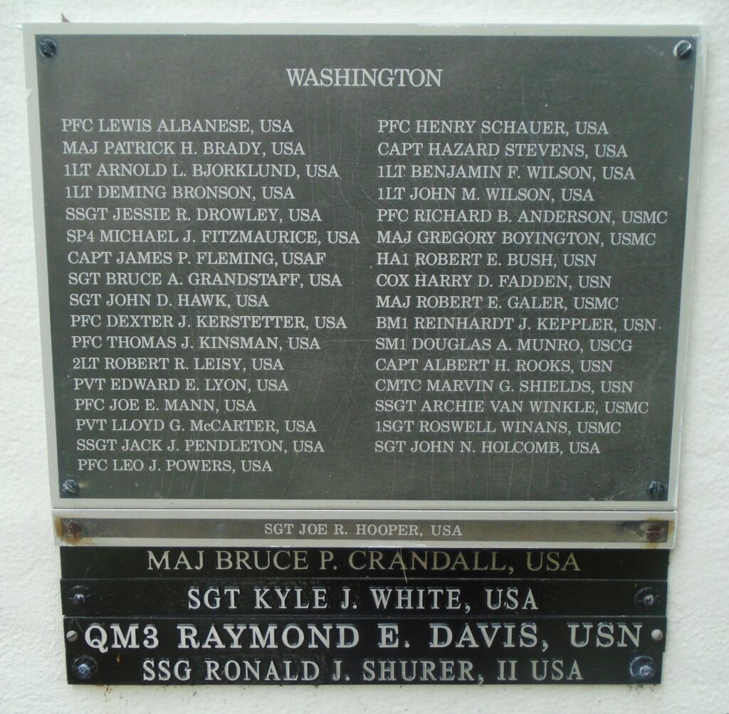 WASHINGTON MEDAL OF HONOR RECIPIENTS WAR MEMORIAL PLAQUE